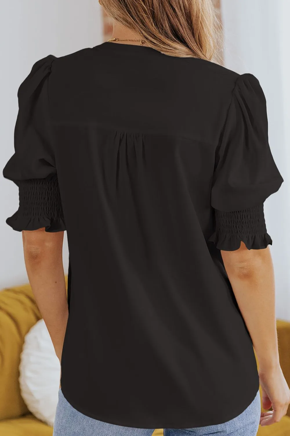 Smocked Flounce Sleeve Notched Neck Blouse (5 Colors)
