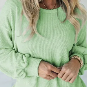 Solid Cord Ribbed Drop Shoulder Pullover Tops