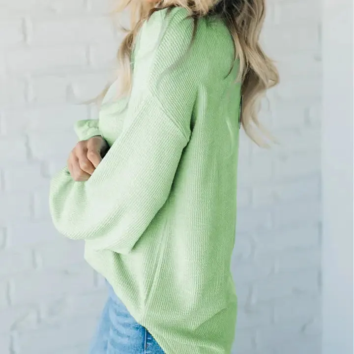 Solid Cord Ribbed Drop Shoulder Pullover Tops