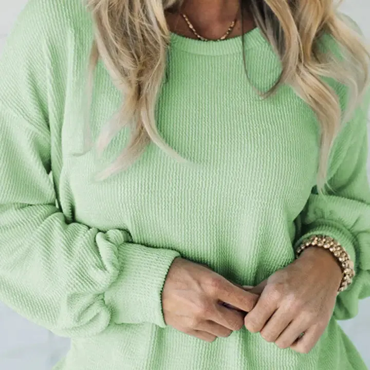 Solid Cord Ribbed Drop Shoulder Pullover Tops