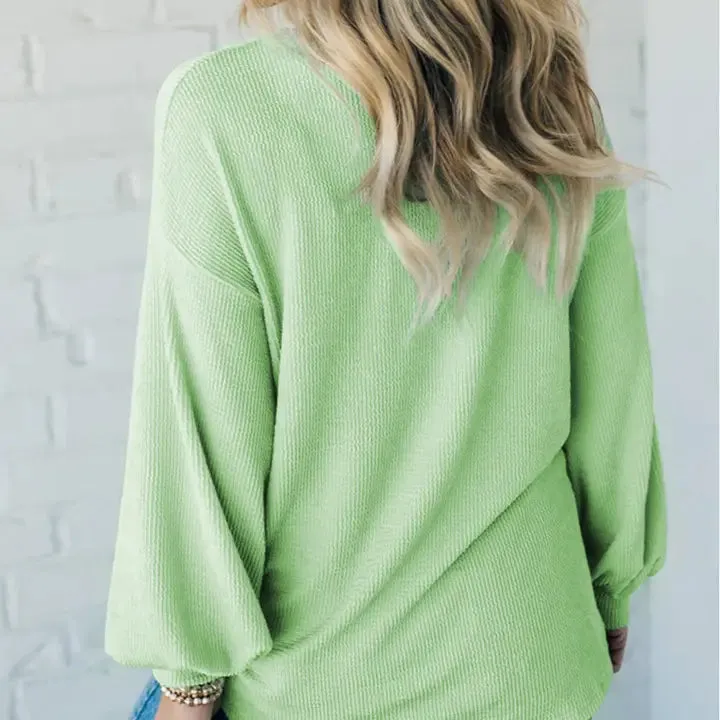 Solid Cord Ribbed Drop Shoulder Pullover Tops