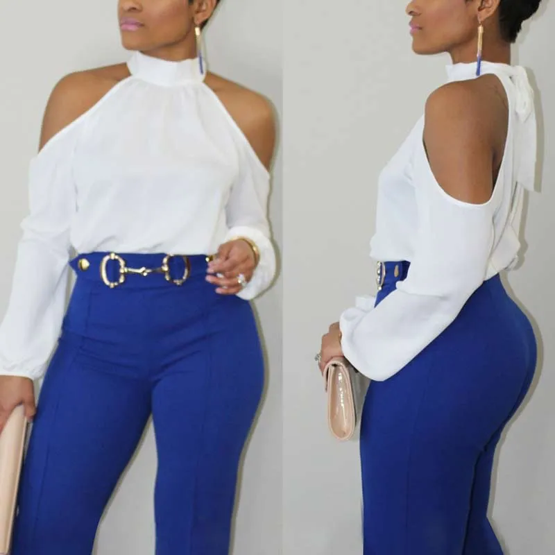Solid Halter Cold Shoulder Long Sleeve Top