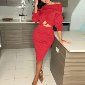 Solid Knit Ribbed Long Sleeve Top & Skirts Set