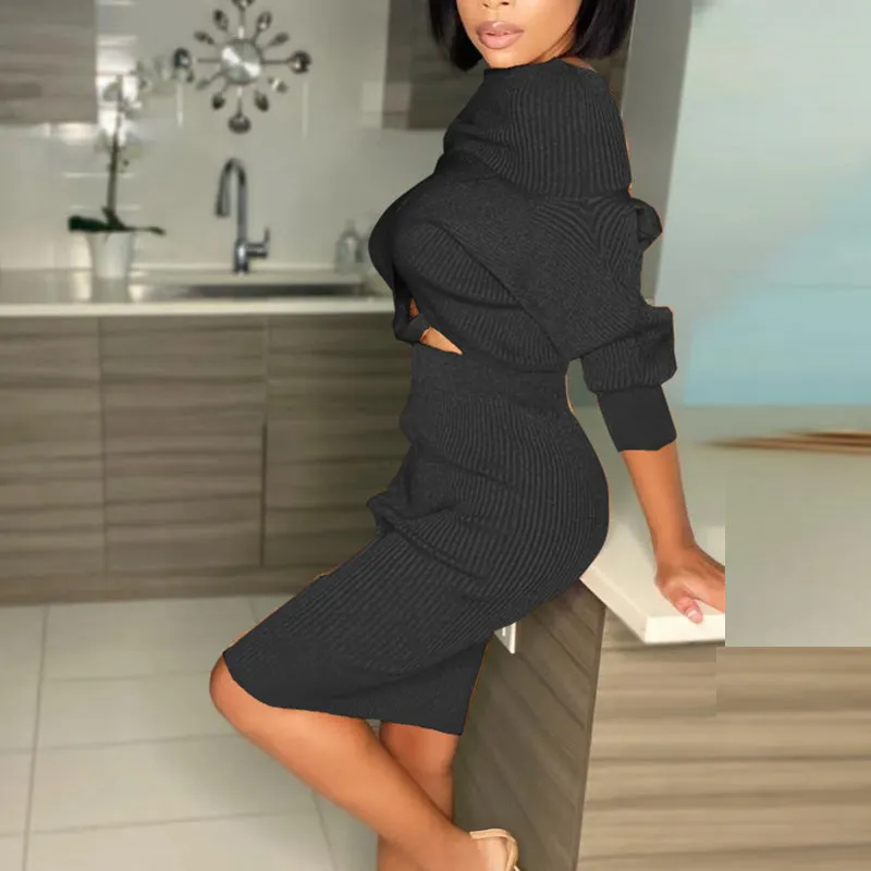 Solid Knit Ribbed Long Sleeve Top & Skirts Set