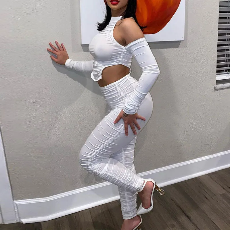 Solid Long Sleeve Cut Out Irregular Top & Ruched Pants Set