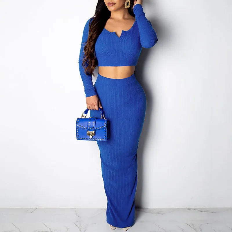 Solid Long Sleeve Knitted 2PCS Skirt Set