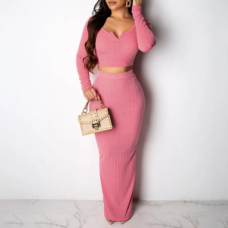 Solid Long Sleeve Knitted 2PCS Skirt Set