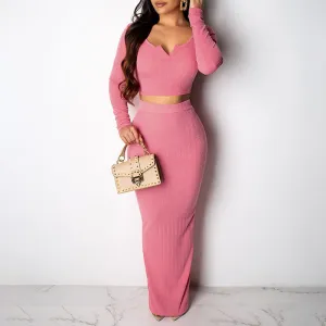 Solid Long Sleeve Knitted 2PCS Skirt Set