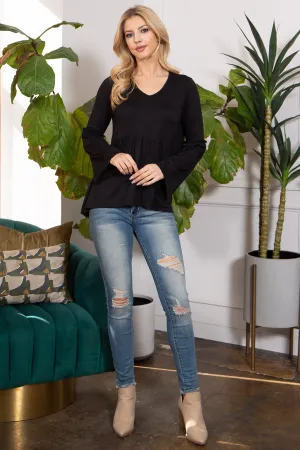 Solid Long Sleeve Waist Shirring Top