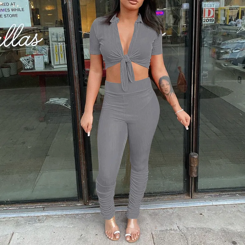Solid Ribbed Short Sleeve Top & Pants Set