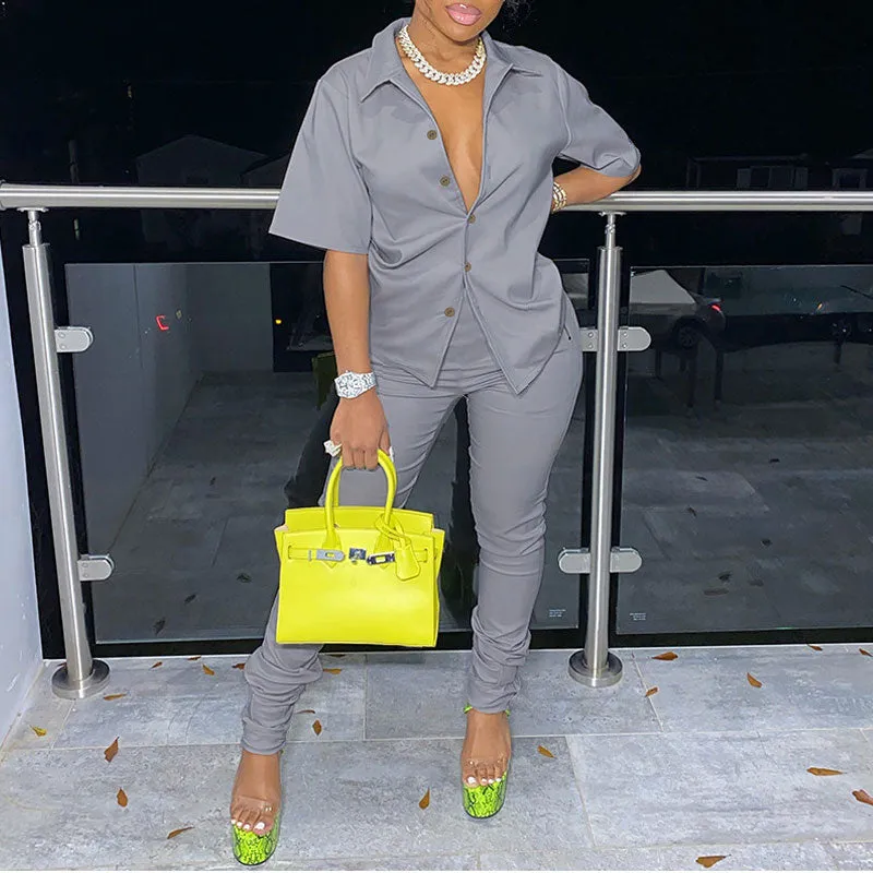 Solid Turndown Neck Button Detailed Top & Pants Set