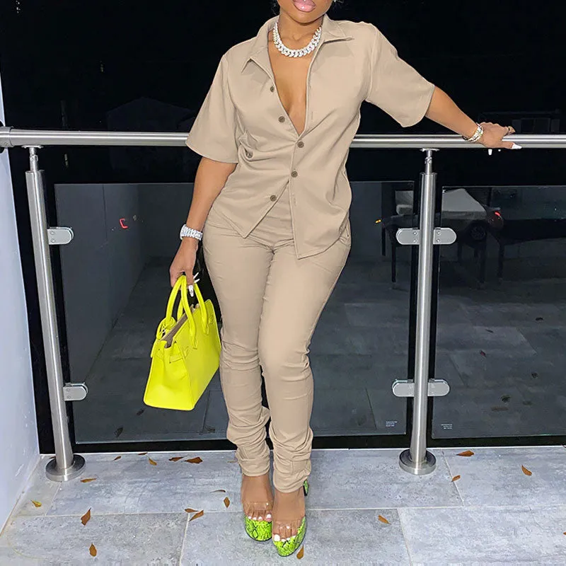 Solid Turndown Neck Button Detailed Top & Pants Set