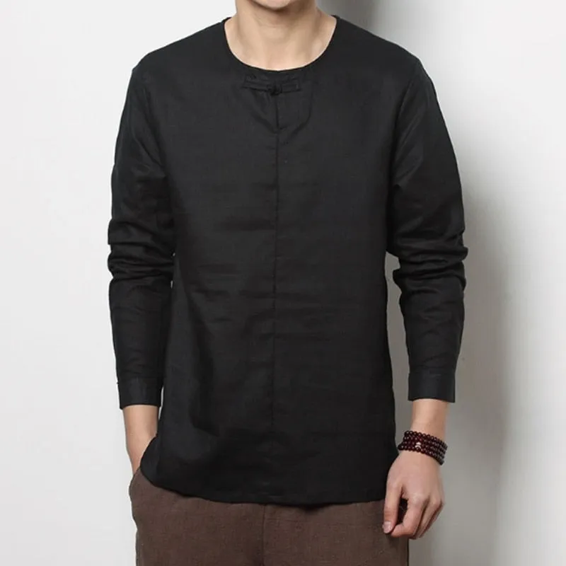 Spring Chinese Men's Wear Cotton and Hemp T-shirt, Loose Long-sleeved Round-collar Hanjacket, Men's Large Bottom Shirt and Linen