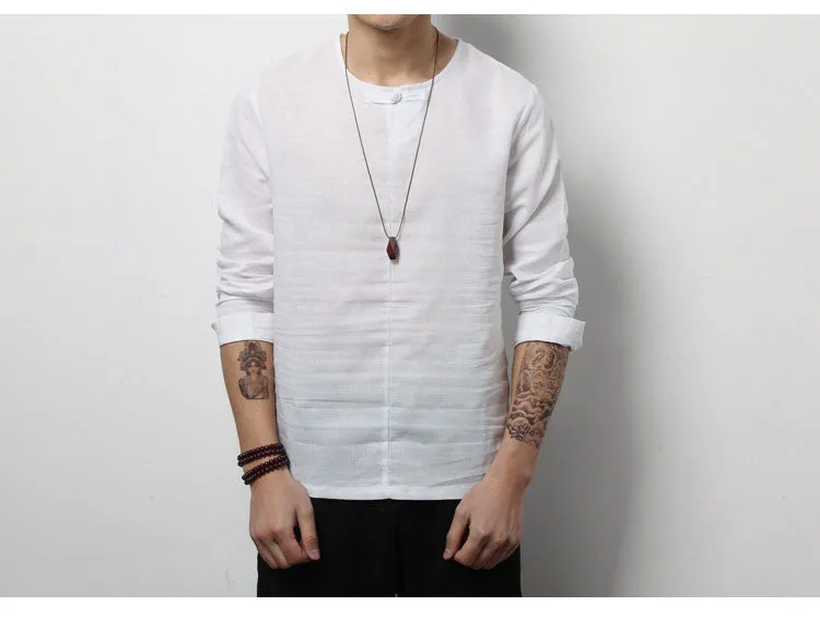 Spring Chinese Men's Wear Cotton and Hemp T-shirt, Loose Long-sleeved Round-collar Hanjacket, Men's Large Bottom Shirt and Linen