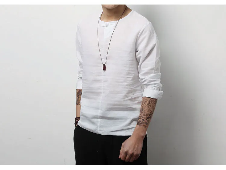 Spring Chinese Men's Wear Cotton and Hemp T-shirt, Loose Long-sleeved Round-collar Hanjacket, Men's Large Bottom Shirt and Linen