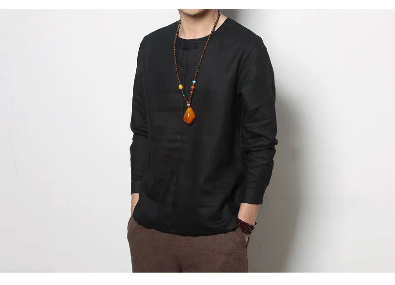 Spring Chinese Men's Wear Cotton and Hemp T-shirt, Loose Long-sleeved Round-collar Hanjacket, Men's Large Bottom Shirt and Linen
