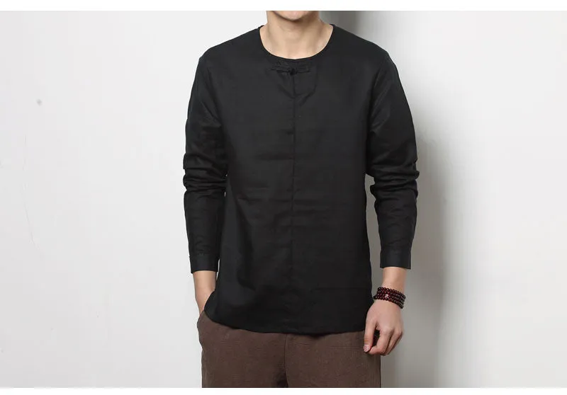 Spring Chinese Men's Wear Cotton and Hemp T-shirt, Loose Long-sleeved Round-collar Hanjacket, Men's Large Bottom Shirt and Linen