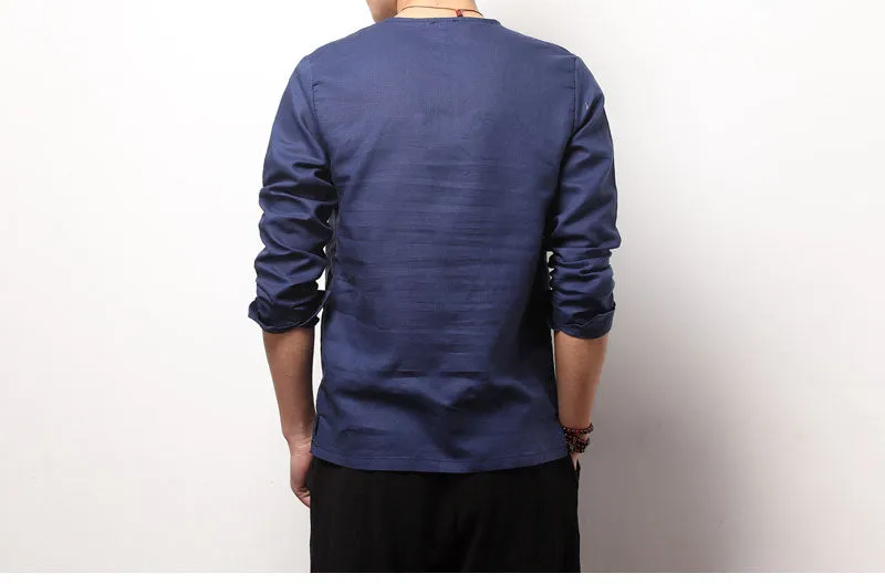 Spring Chinese Men's Wear Cotton and Hemp T-shirt, Loose Long-sleeved Round-collar Hanjacket, Men's Large Bottom Shirt and Linen