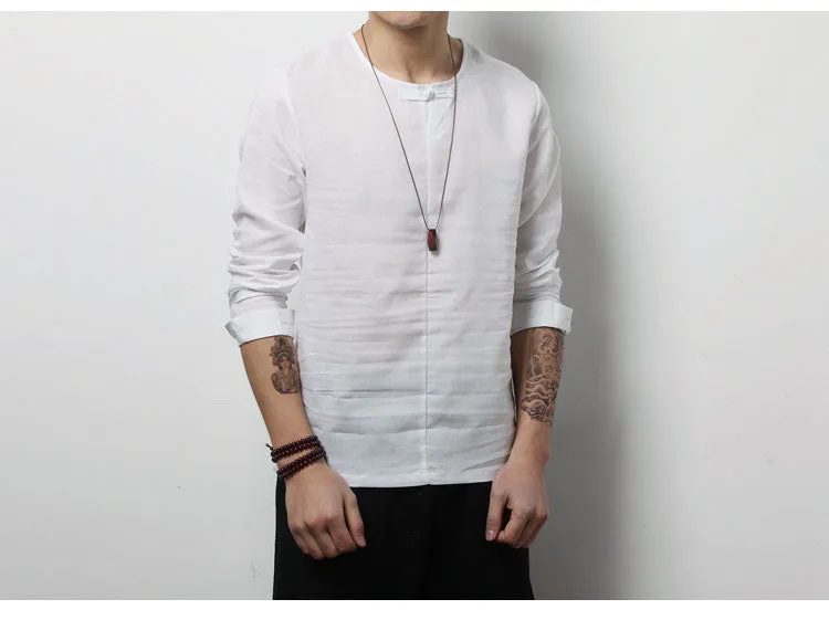 Spring Chinese Men's Wear Cotton and Hemp T-shirt, Loose Long-sleeved Round-collar Hanjacket, Men's Large Bottom Shirt and Linen