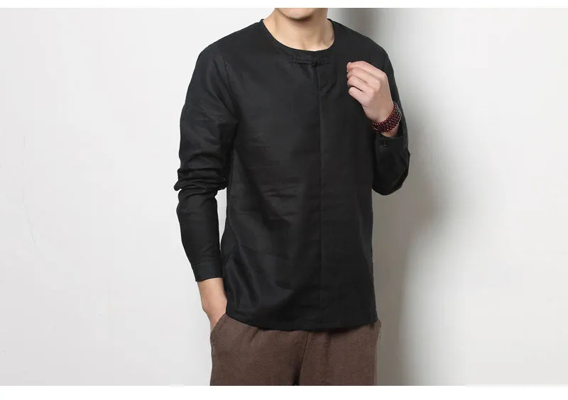 Spring Chinese Men's Wear Cotton and Hemp T-shirt, Loose Long-sleeved Round-collar Hanjacket, Men's Large Bottom Shirt and Linen