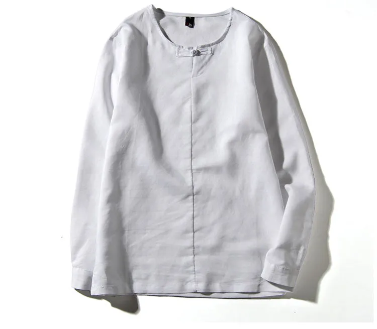Spring Chinese Men's Wear Cotton and Hemp T-shirt, Loose Long-sleeved Round-collar Hanjacket, Men's Large Bottom Shirt and Linen
