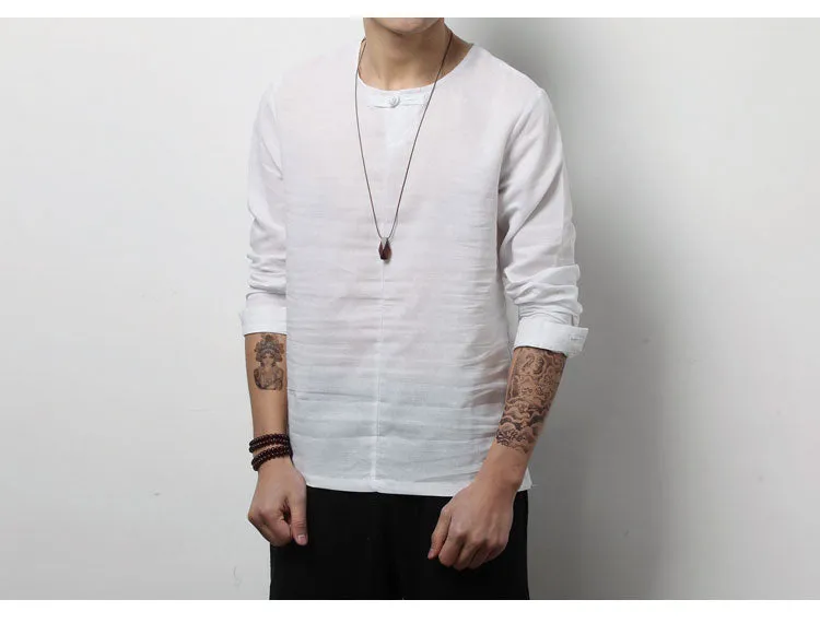 Spring Chinese Men's Wear Cotton and Hemp T-shirt, Loose Long-sleeved Round-collar Hanjacket, Men's Large Bottom Shirt and Linen