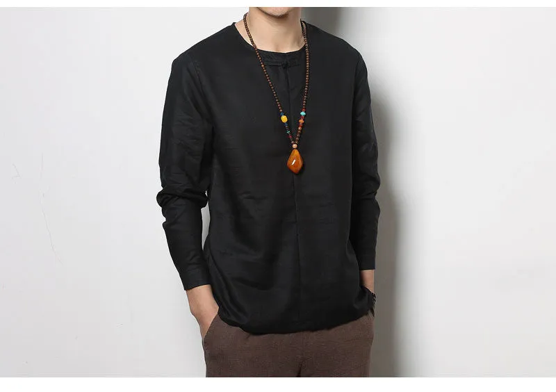 Spring Chinese Men's Wear Cotton and Hemp T-shirt, Loose Long-sleeved Round-collar Hanjacket, Men's Large Bottom Shirt and Linen