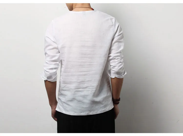 Spring Chinese Men's Wear Cotton and Hemp T-shirt, Loose Long-sleeved Round-collar Hanjacket, Men's Large Bottom Shirt and Linen