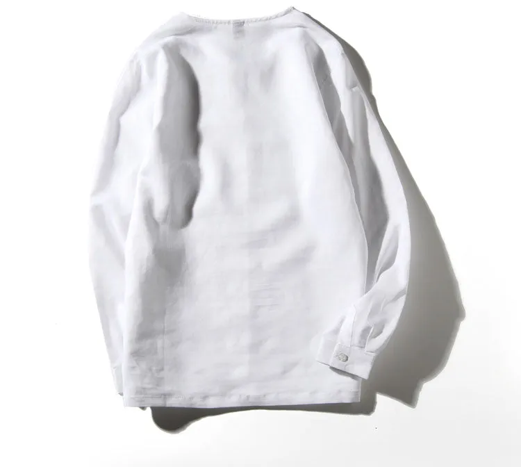 Spring Chinese Men's Wear Cotton and Hemp T-shirt, Loose Long-sleeved Round-collar Hanjacket, Men's Large Bottom Shirt and Linen