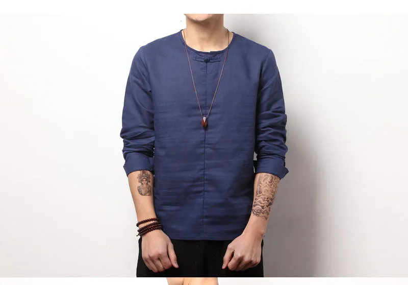 Spring Chinese Men's Wear Cotton and Hemp T-shirt, Loose Long-sleeved Round-collar Hanjacket, Men's Large Bottom Shirt and Linen
