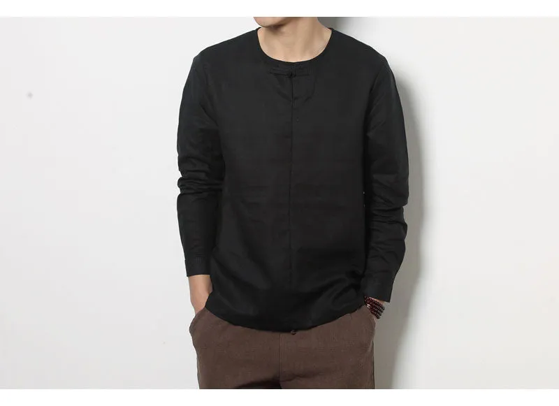 Spring Chinese Men's Wear Cotton and Hemp T-shirt, Loose Long-sleeved Round-collar Hanjacket, Men's Large Bottom Shirt and Linen