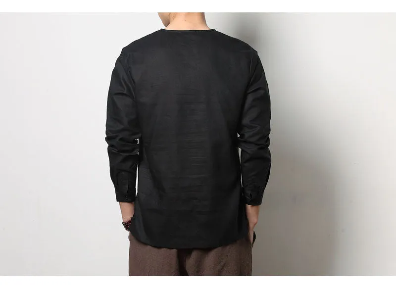 Spring Chinese Men's Wear Cotton and Hemp T-shirt, Loose Long-sleeved Round-collar Hanjacket, Men's Large Bottom Shirt and Linen