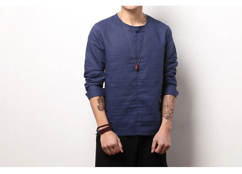 Spring Chinese Men's Wear Cotton and Hemp T-shirt, Loose Long-sleeved Round-collar Hanjacket, Men's Large Bottom Shirt and Linen