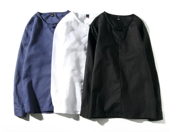 Spring Chinese Men's Wear Cotton and Hemp T-shirt, Loose Long-sleeved Round-collar Hanjacket, Men's Large Bottom Shirt and Linen