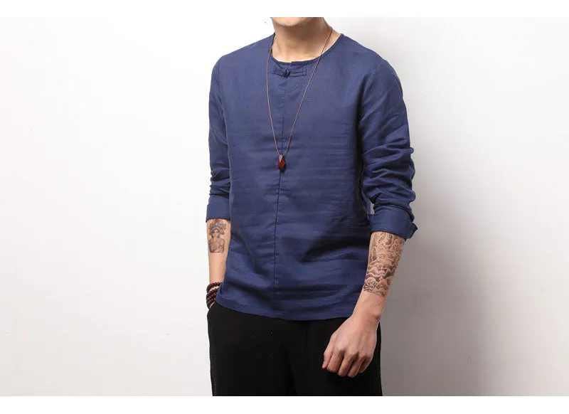 Spring Chinese Men's Wear Cotton and Hemp T-shirt, Loose Long-sleeved Round-collar Hanjacket, Men's Large Bottom Shirt and Linen