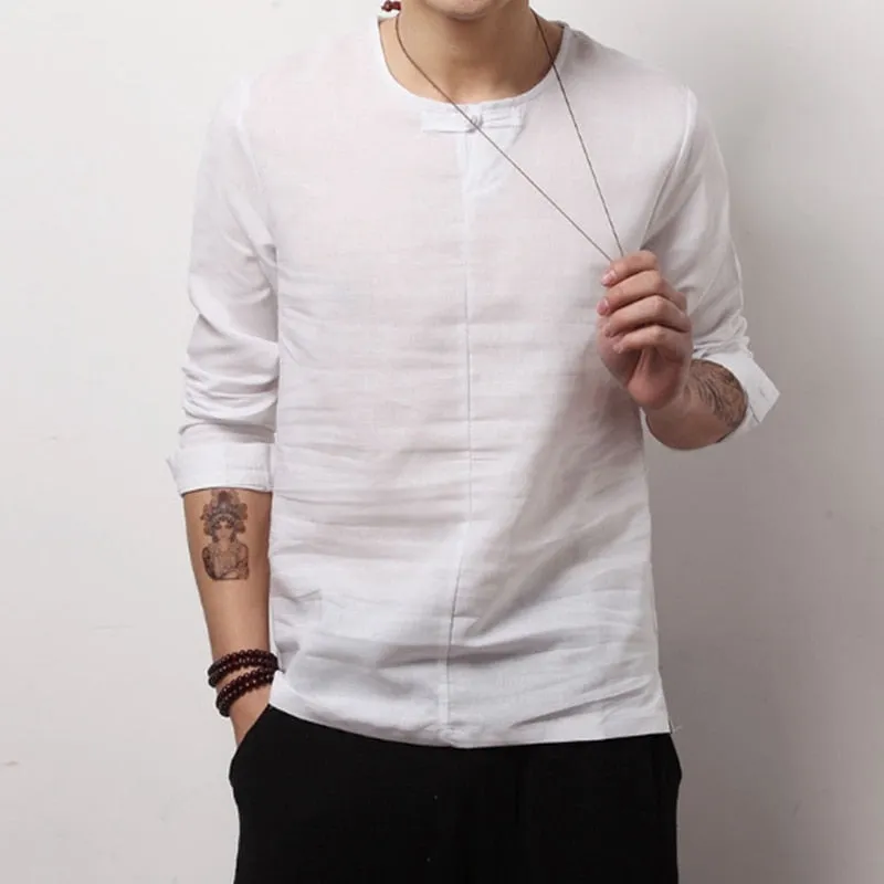 Spring Chinese Men's Wear Cotton and Hemp T-shirt, Loose Long-sleeved Round-collar Hanjacket, Men's Large Bottom Shirt and Linen