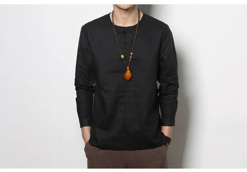 Spring Chinese Men's Wear Cotton and Hemp T-shirt, Loose Long-sleeved Round-collar Hanjacket, Men's Large Bottom Shirt and Linen