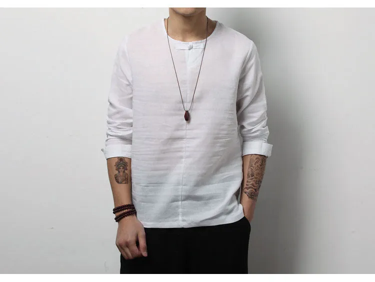 Spring Chinese Men's Wear Cotton and Hemp T-shirt, Loose Long-sleeved Round-collar Hanjacket, Men's Large Bottom Shirt and Linen