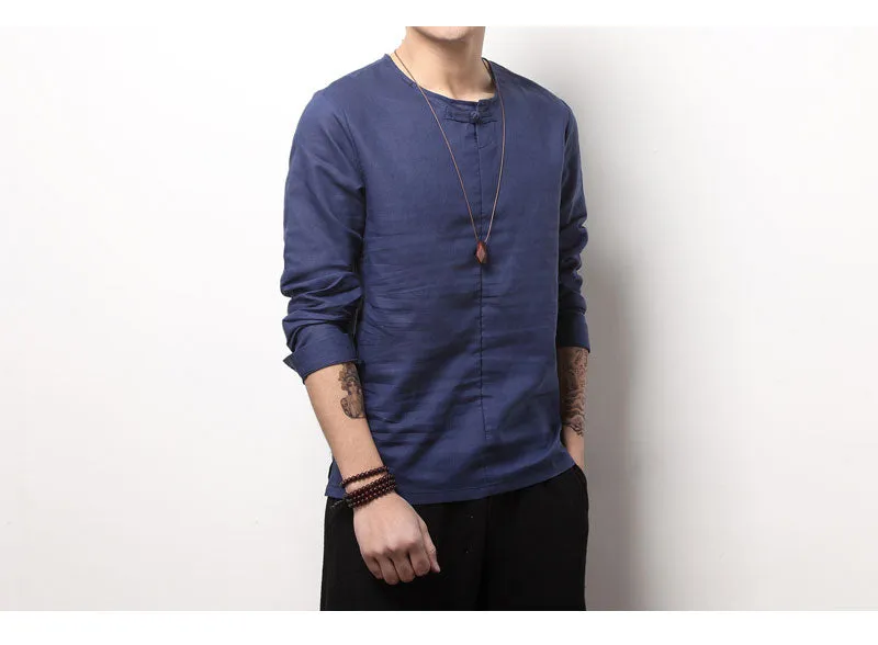 Spring Chinese Men's Wear Cotton and Hemp T-shirt, Loose Long-sleeved Round-collar Hanjacket, Men's Large Bottom Shirt and Linen