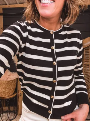 Stripe Round Neck Button Front Cardigan