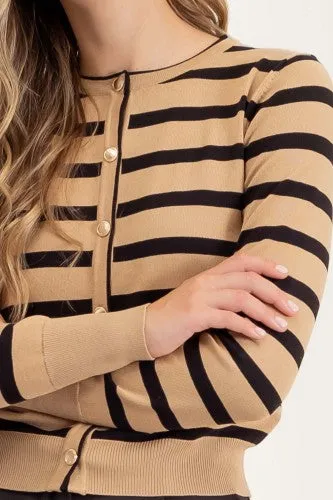Stripe Round Neck Button Front Cardigan