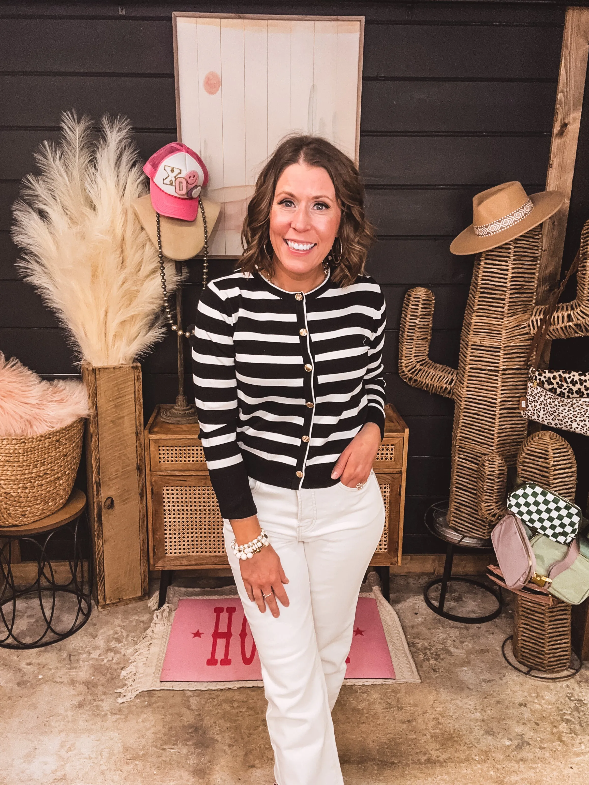 Stripe Round Neck Button Front Cardigan