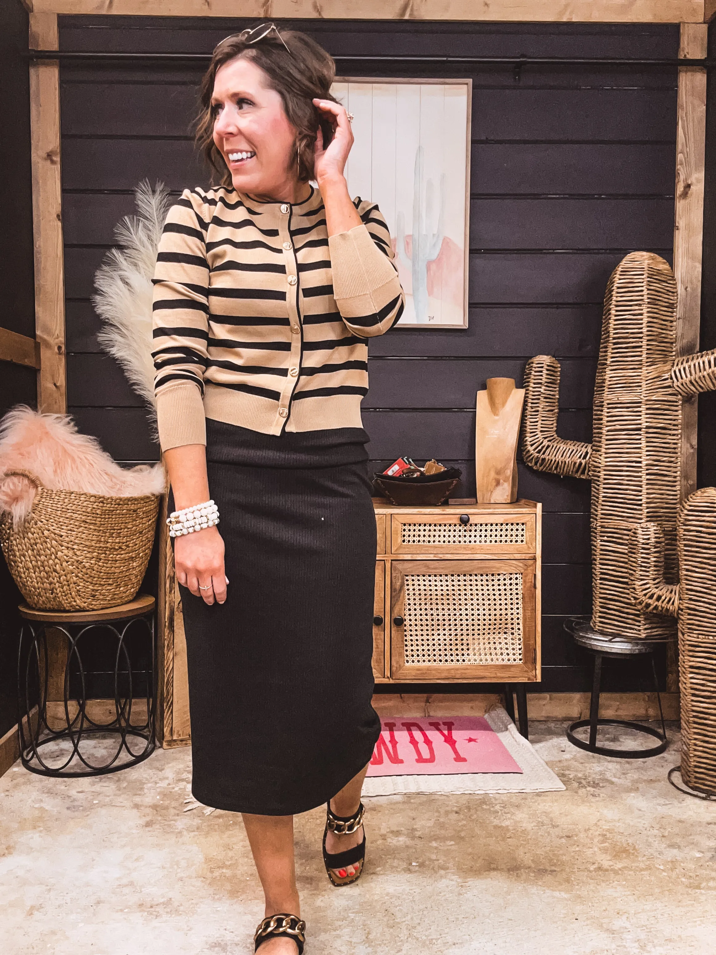 Stripe Round Neck Button Front Cardigan