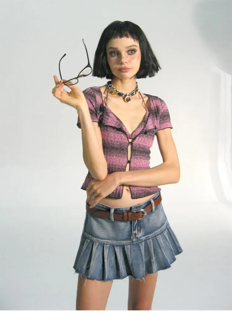 Striped Button Up Short Sleeve Cardigan