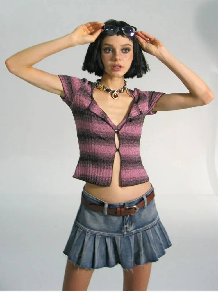 Striped Button Up Short Sleeve Cardigan