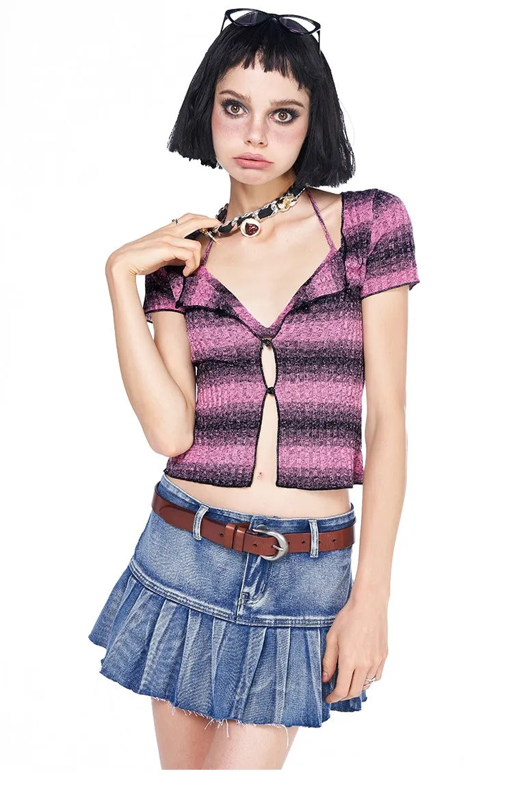 Striped Button Up Short Sleeve Cardigan