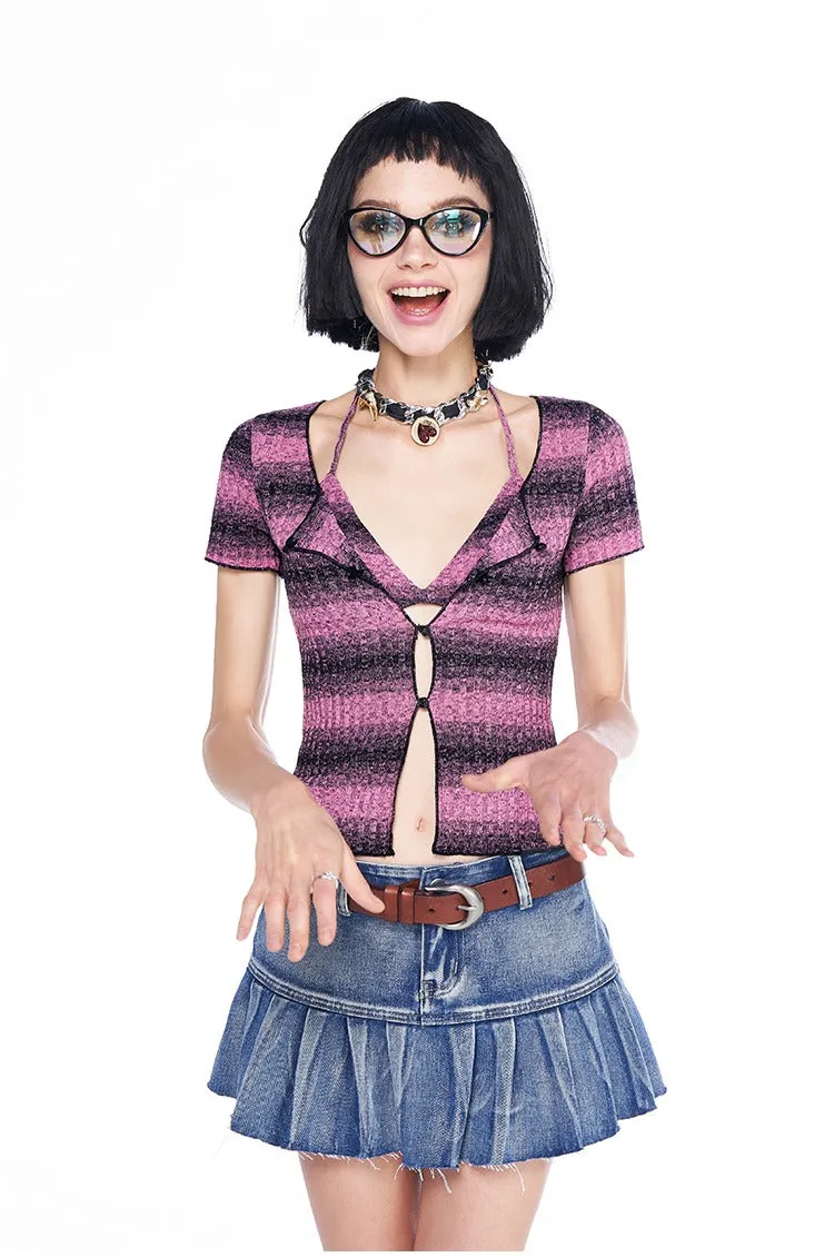 Striped Button Up Short Sleeve Cardigan