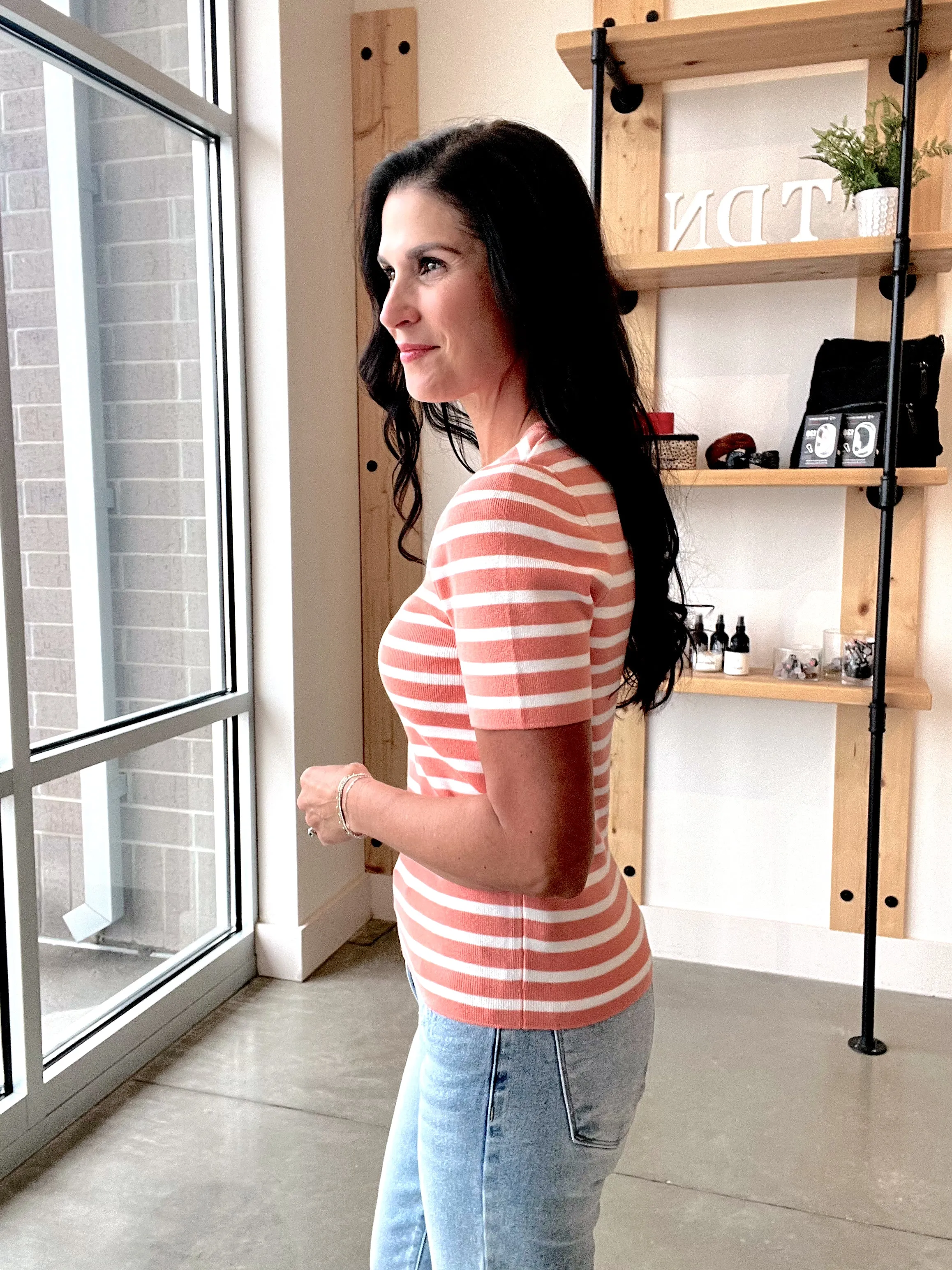 Striped Crewneck Short Sleeve Sweater in Peach