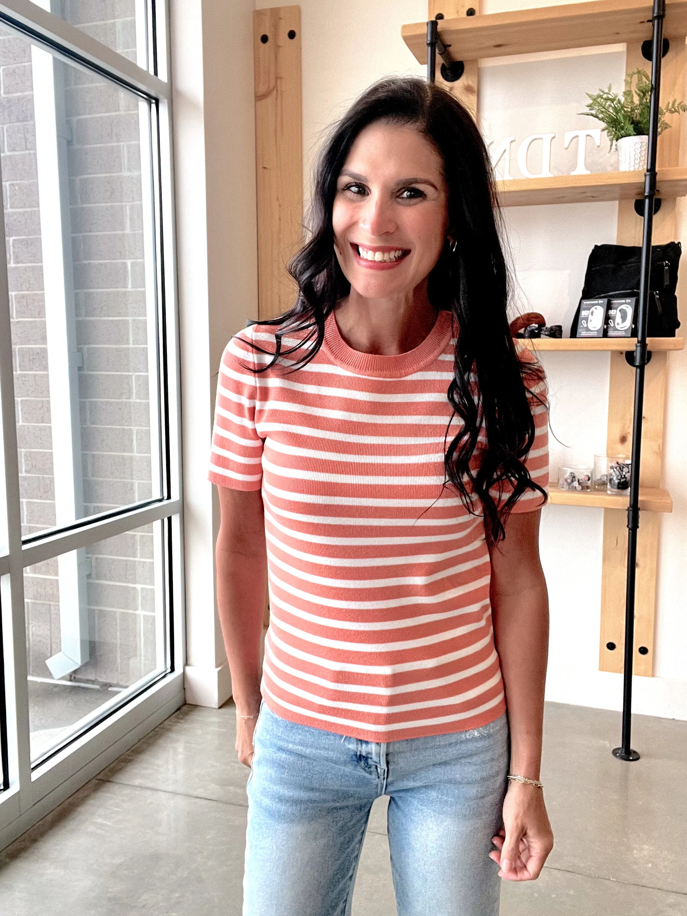 Striped Crewneck Short Sleeve Sweater in Peach