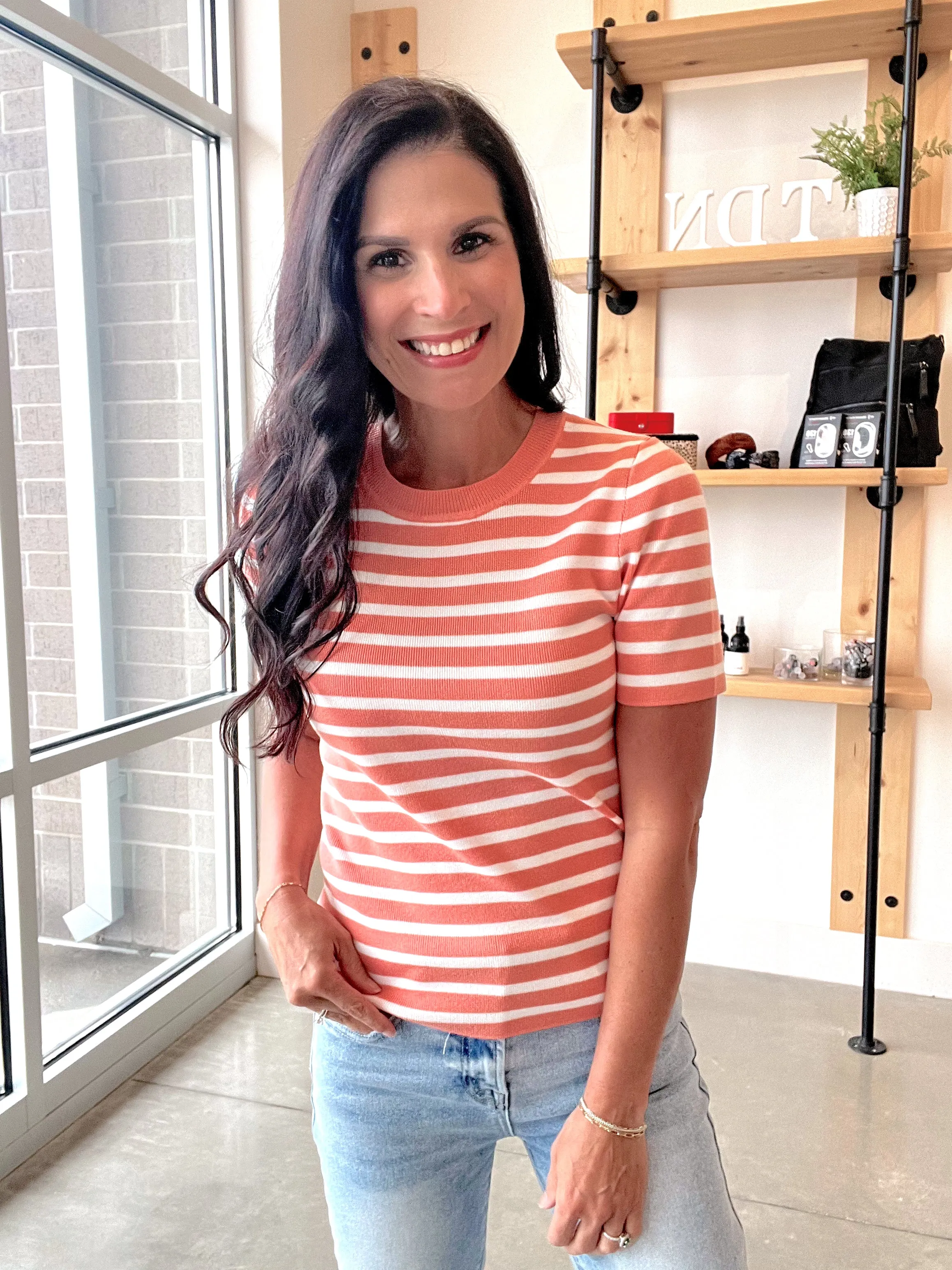 Striped Crewneck Short Sleeve Sweater in Peach